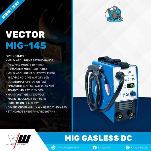 Vector Mig-145 Gasless DC Mig Welding Machine Mesin Las MIG Non Gas